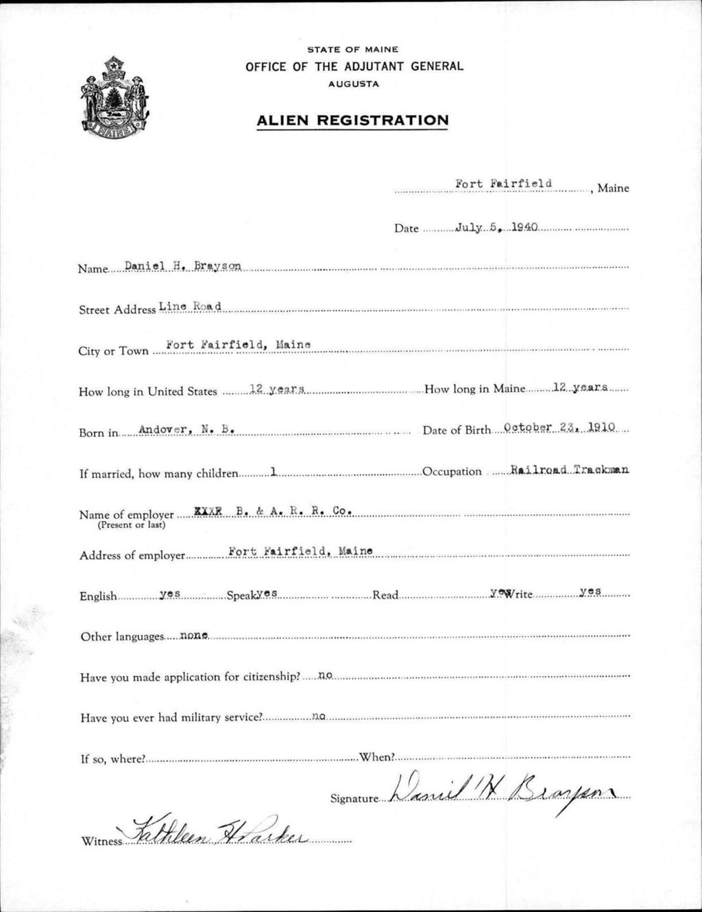 Miniature of Alien Registration- Brayson, Daniel H. (Fort Fairfield, Aroostook County)