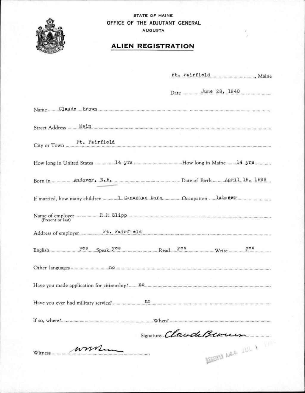Miniature of Alien Registration- Brown, Claude (Fort Fairfield, Aroostook County)