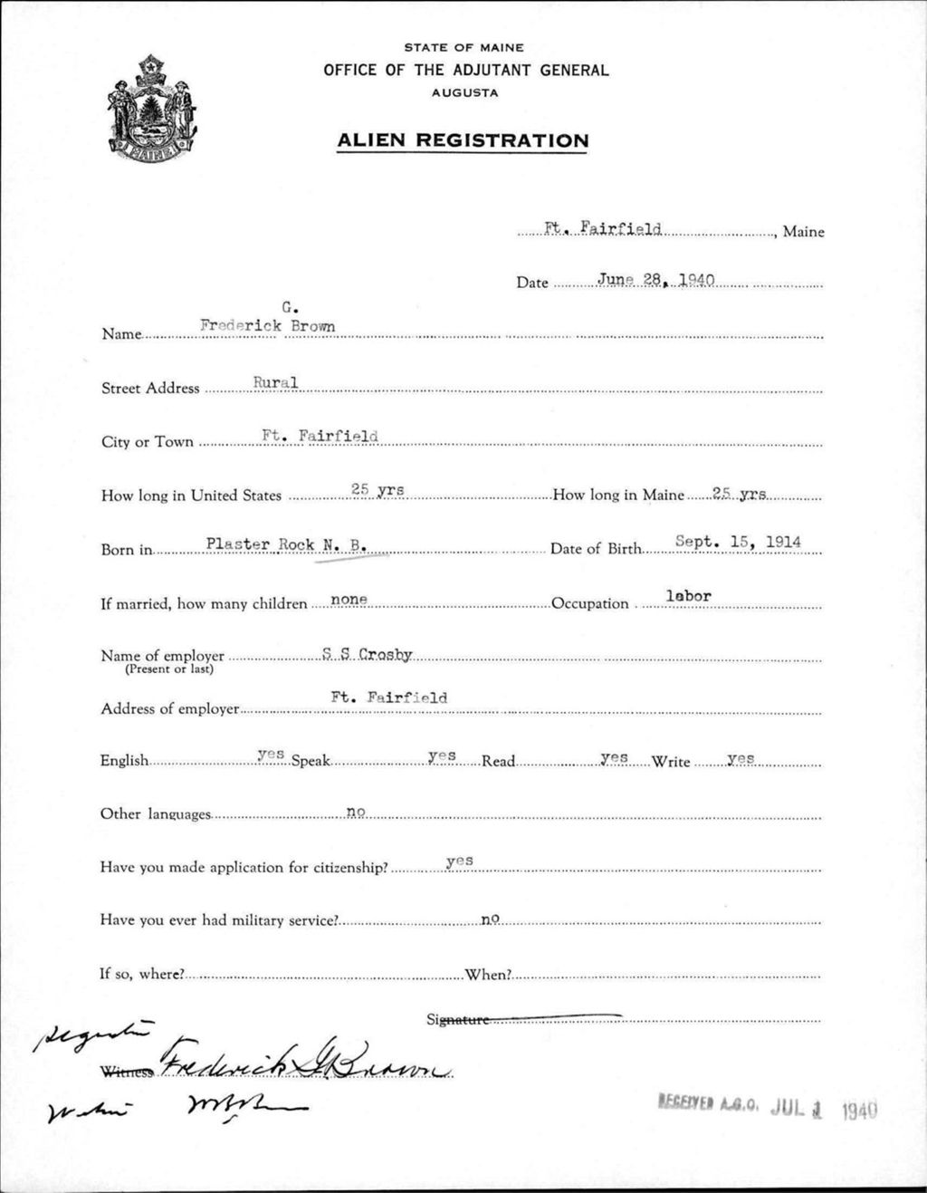 Miniature of Alien Registration- Brown, Frederick G. (Fort Fairfield, Aroostook County)