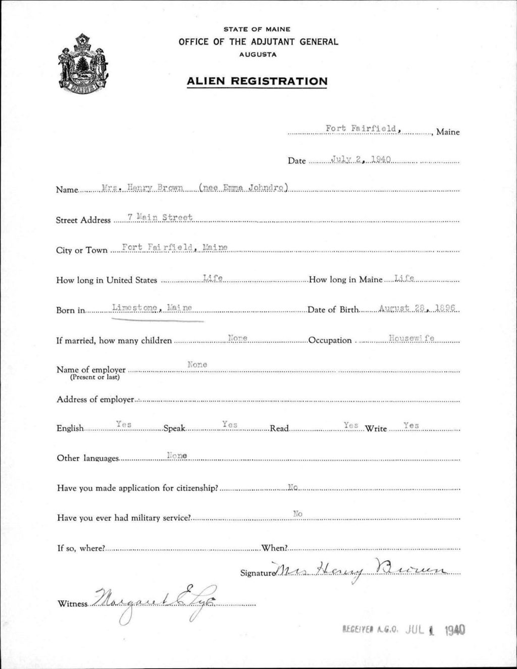 Miniature of Alien Registration- Johndro, Emma (Fort Fairfield, Aroostook County)