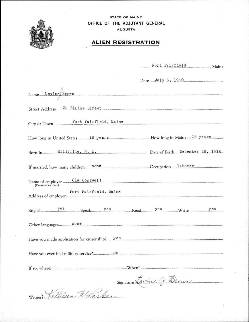 Miniature of Alien Registration- Brown, Levine J. (Fort Fairfield, Aroostook County)