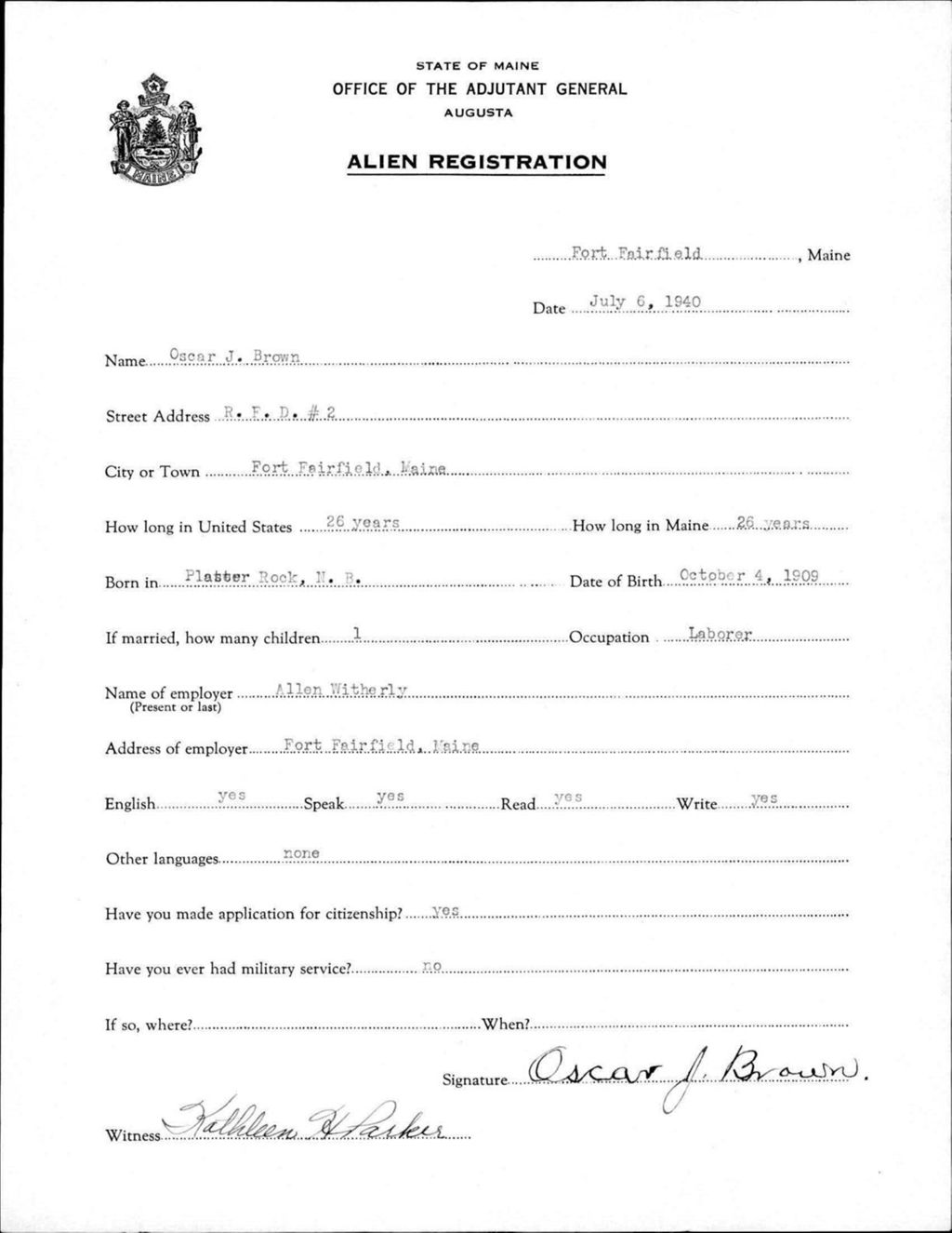 Miniature of Alien Registration- Brown, Oscar J. (Fort Fairfield, Aroostook County)