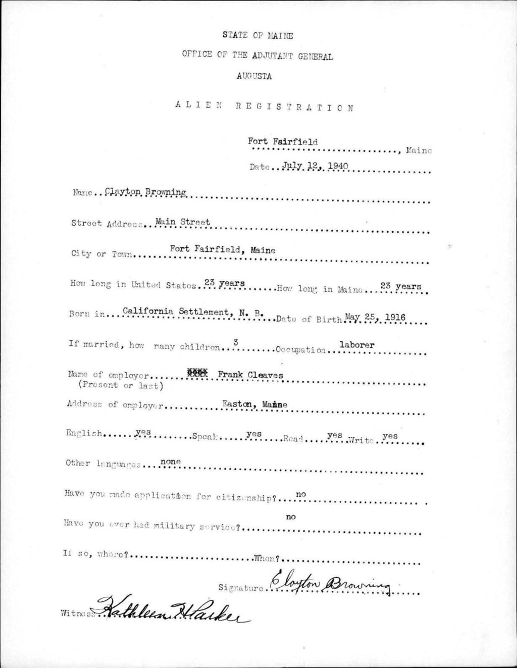 Miniature of Alien Registration- Browning, Clayton (Fort Fairfield, Aroostook County)