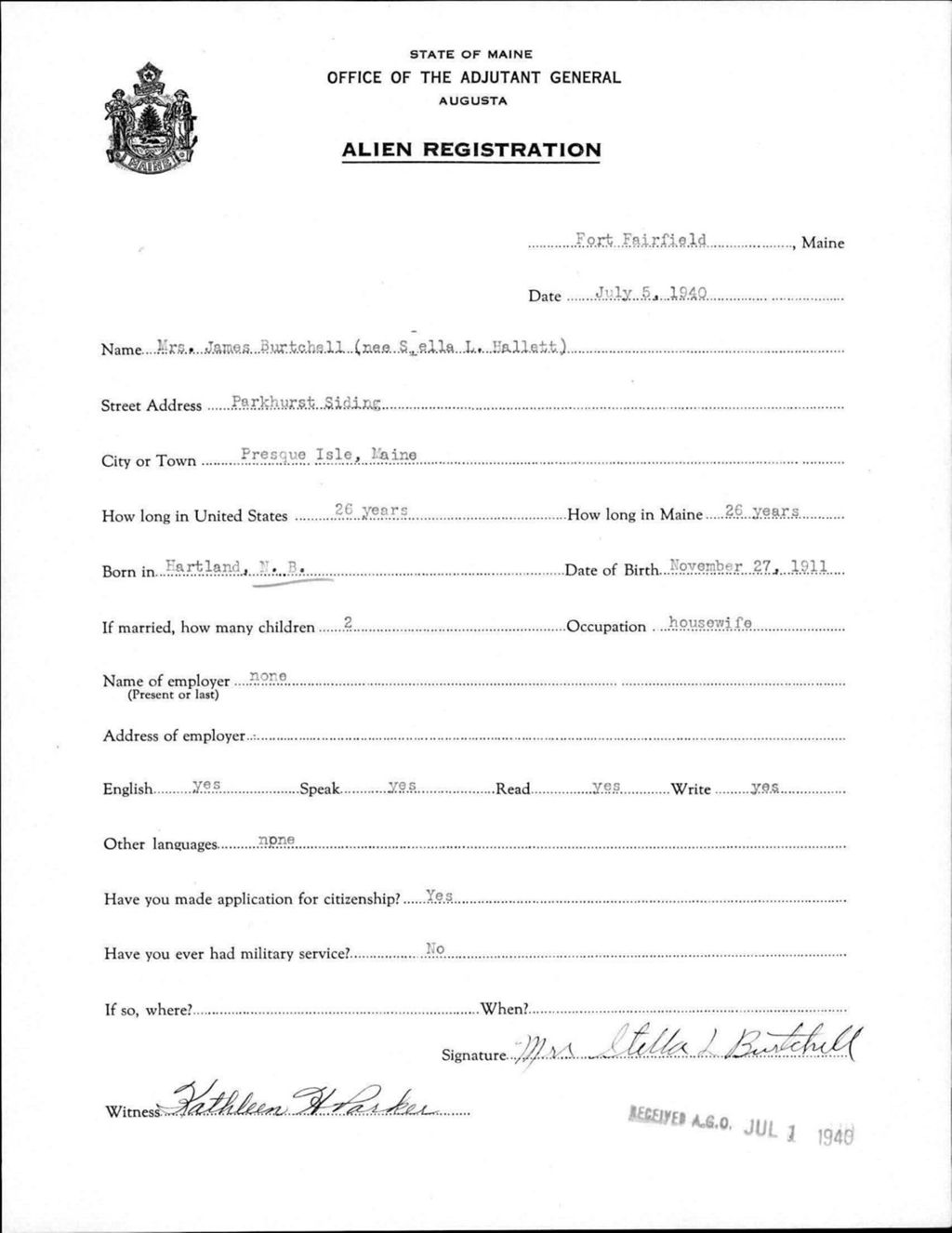 Miniature of Alien Registration- Hallett, Stella (Fort Fairfield, Aroostook County)