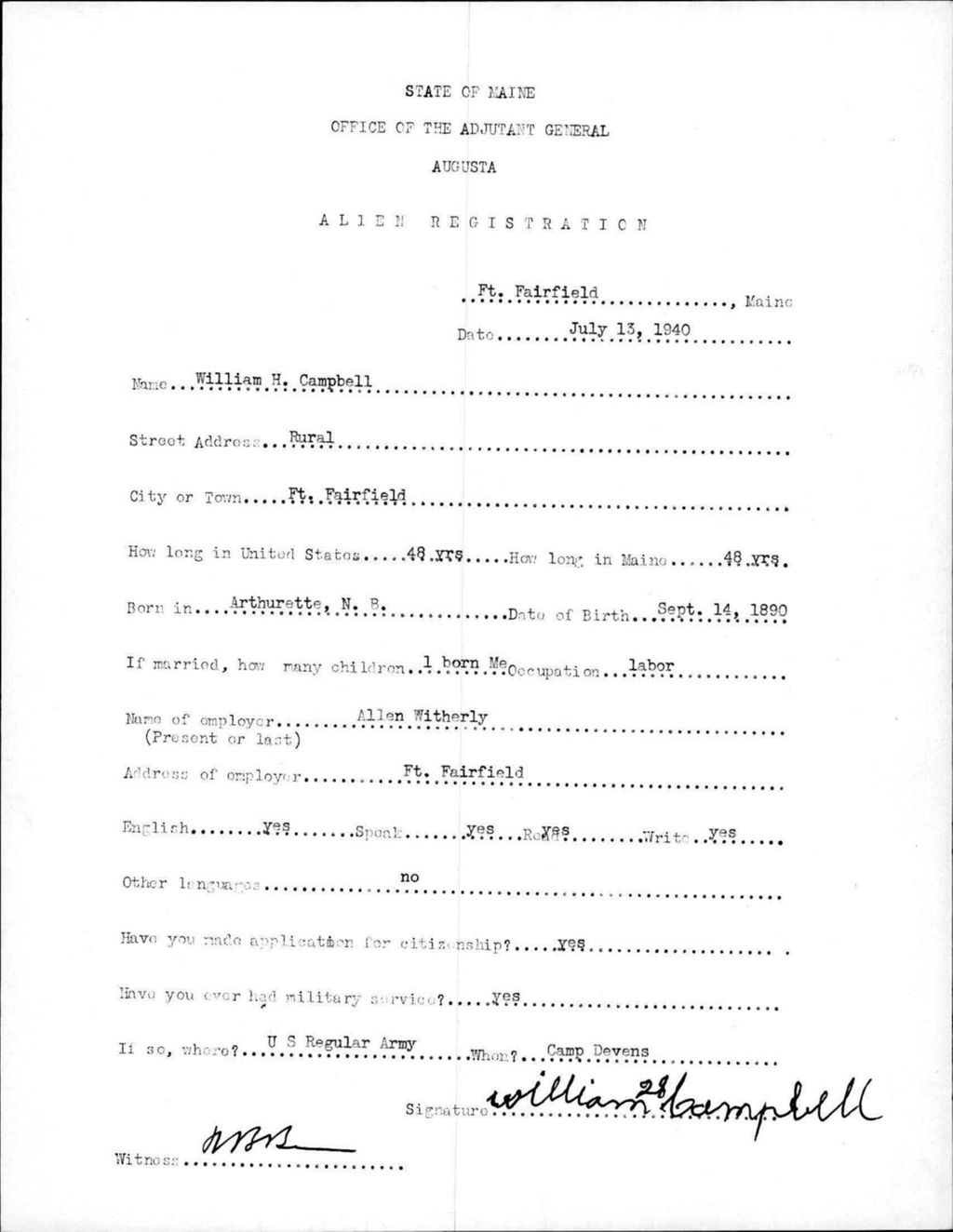 Miniature of Alien Registration- Campbell, William H. (Fort Fairfield, Aroostook County)