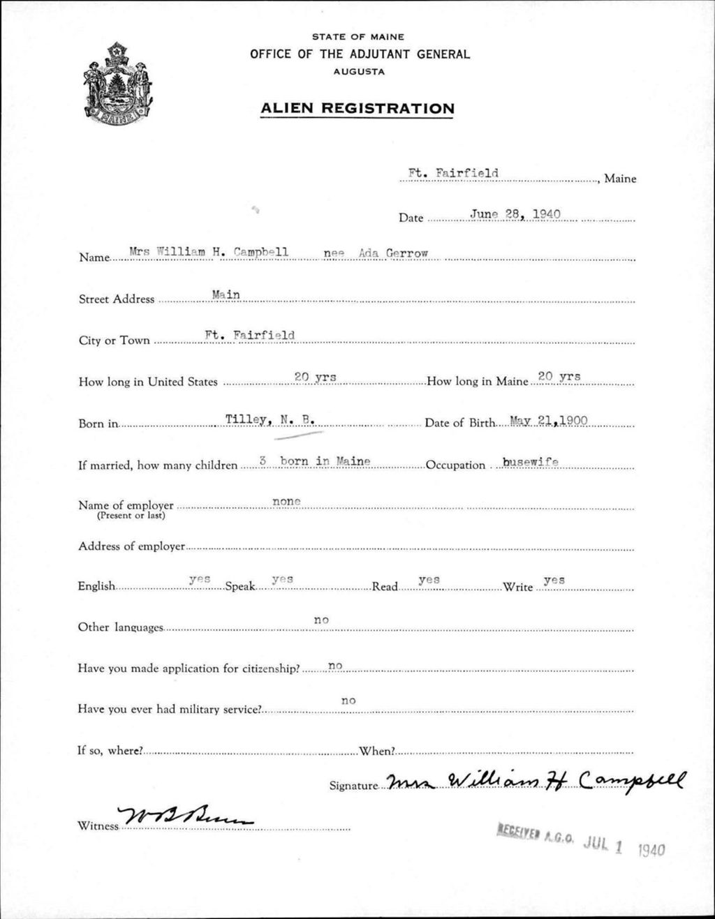 Miniature of Alien Registration- Gerrow, Ada (Fort Fairfield, Aroostook County)