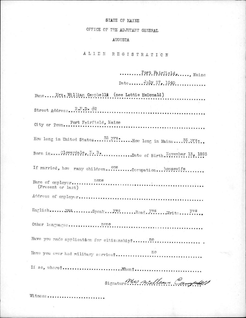 Miniature of Alien Registration- Mcdonald, Lottie (Fort Fairfield, Aroostook County)