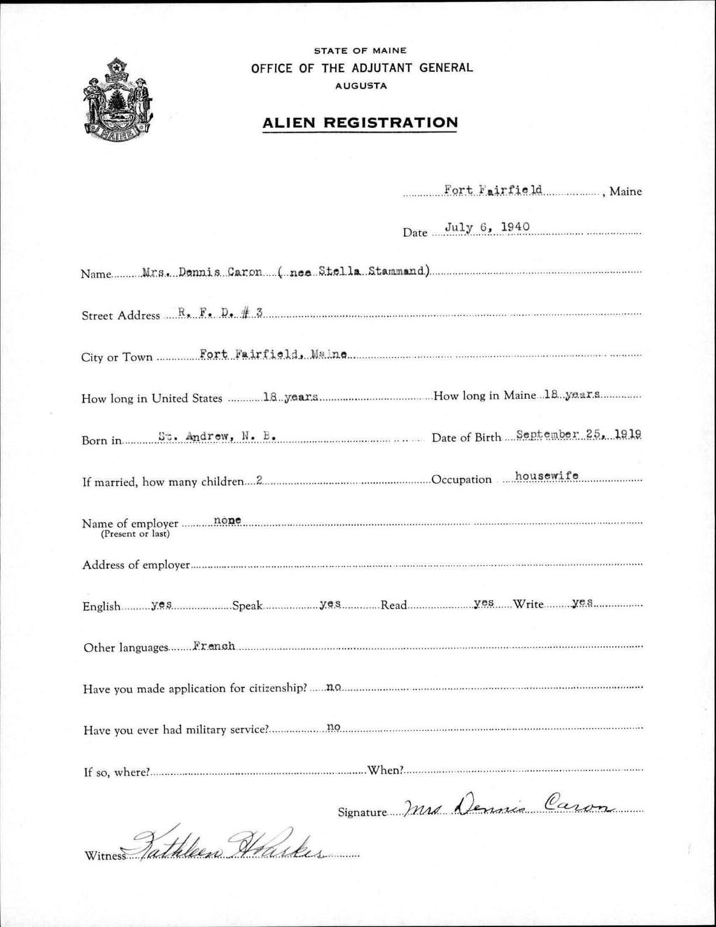 Miniature of Alien Registration- Stammand, Stella (Fort Fairfield, Aroostook County)