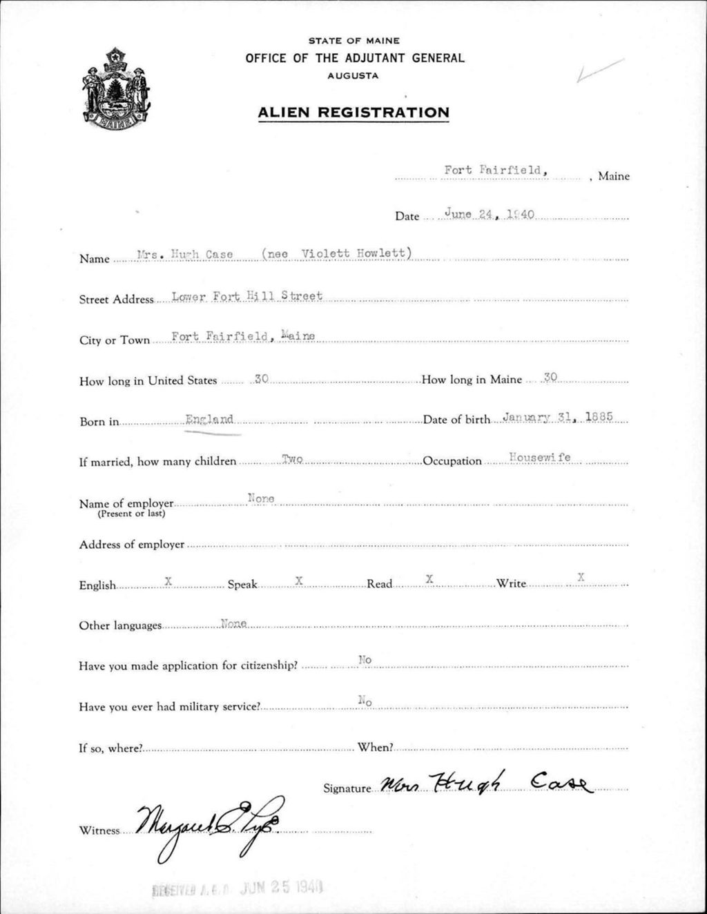 Miniature of Alien Registration- Howlett, Violett (Fort Fairfield, Aroostook County)