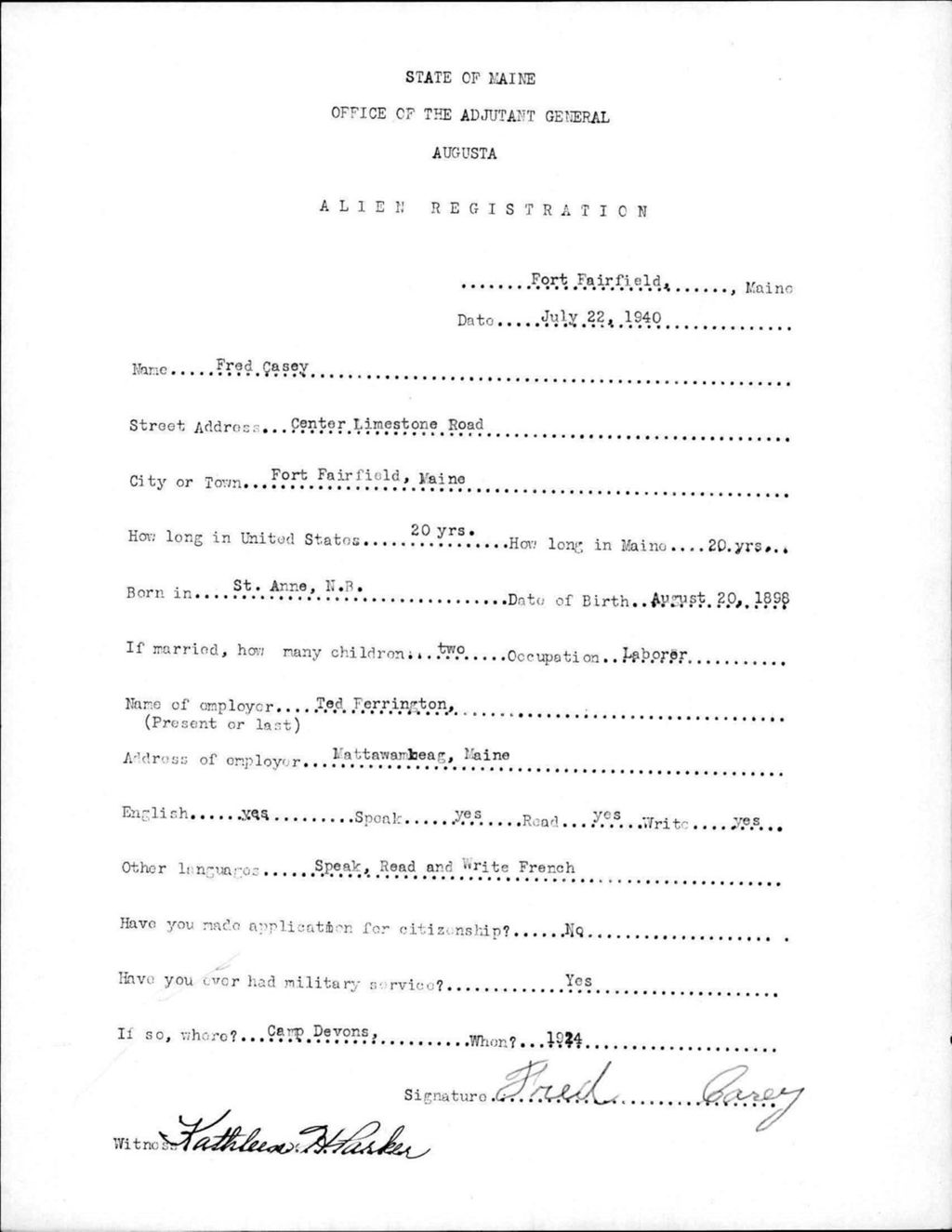 Miniature of Alien Registration- Casey, Fred (Fort Fairfield, Aroostook County)