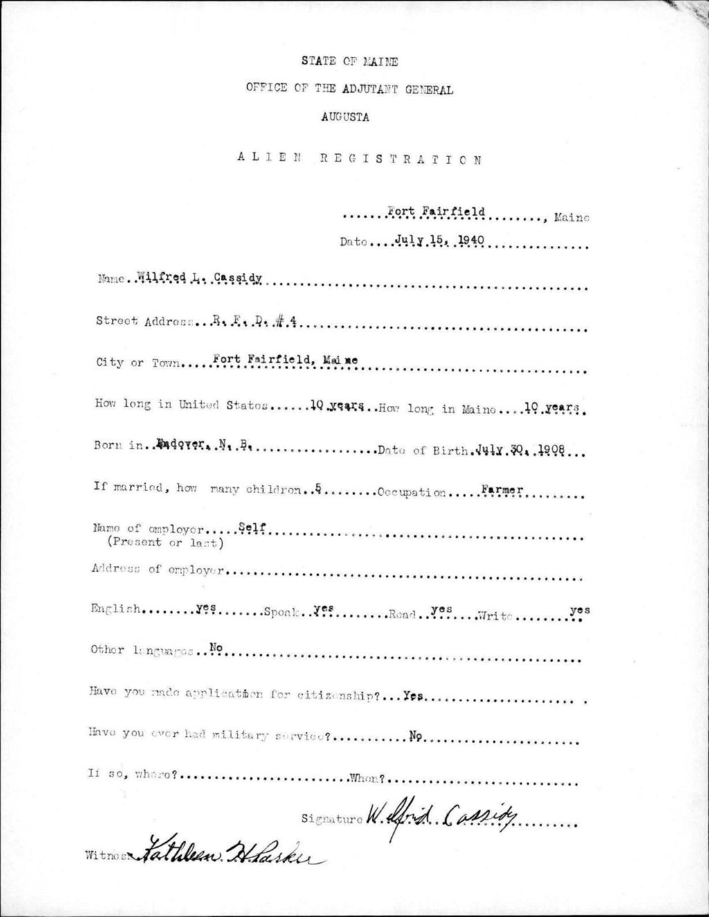 Miniature of Alien Registration- Cassidy, Wilfred L. (Fort Fairfield, Aroostook County)