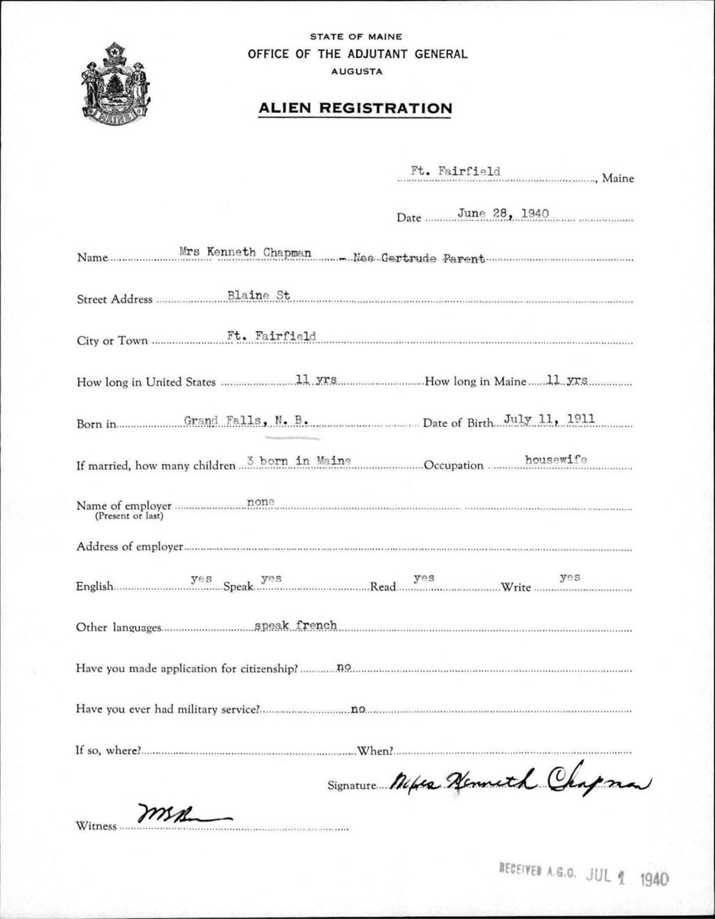 Miniature of Alien Registration- Parent, Gertrude (Fort Fairfield, Aroostook County)