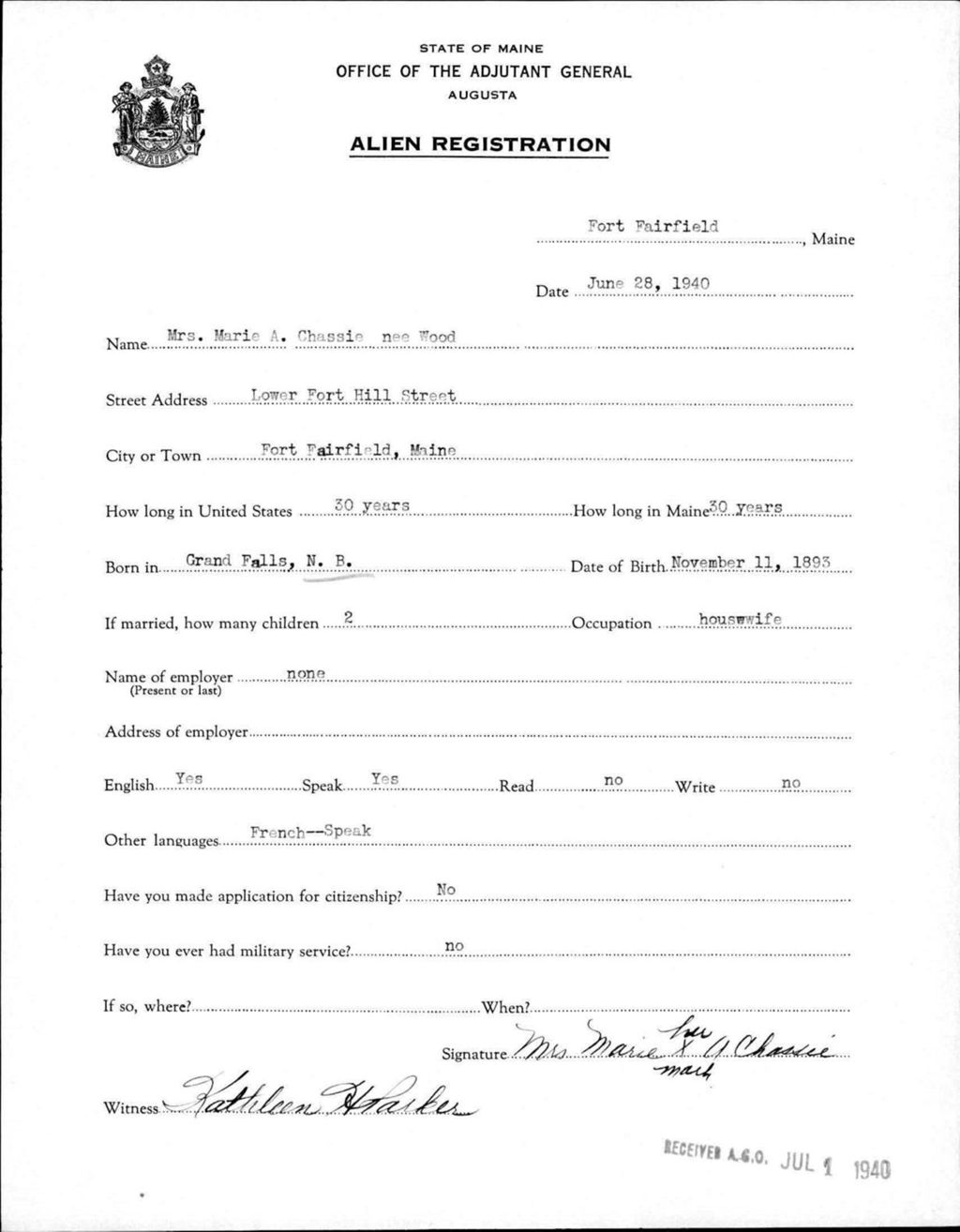 Miniature of Alien Registration- Wood, Marie A. (Fort Fairfield, Aroostook County)