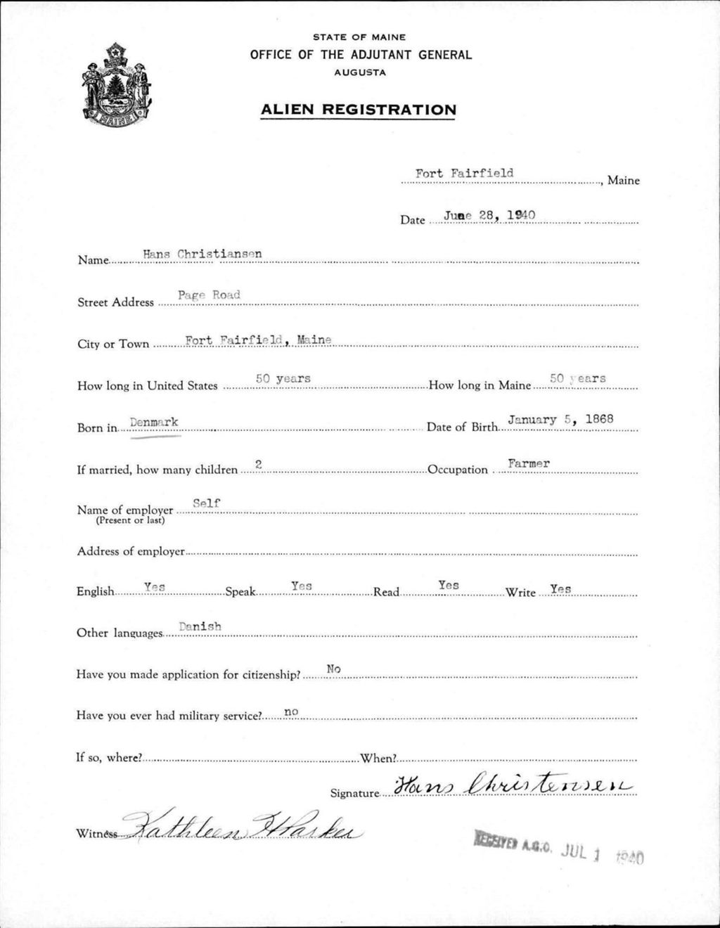 Miniature of Alien Registration- Christiansen, Hans (Fort Fairfield, Aroostook County)