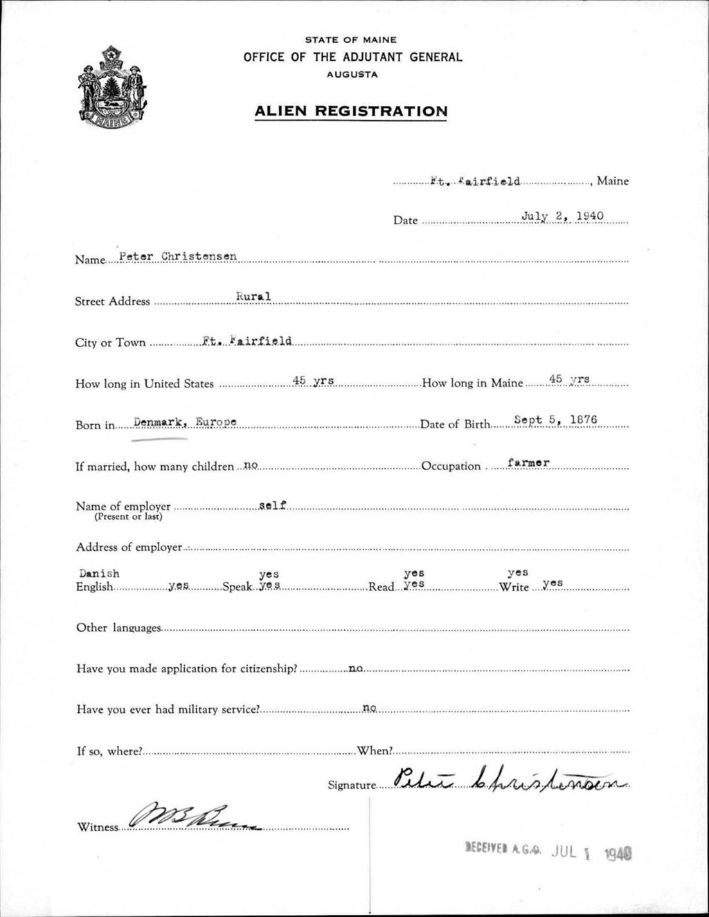 Miniature of Alien Registration- Christensen, Peter (Fort Fairfield, Aroostook County)