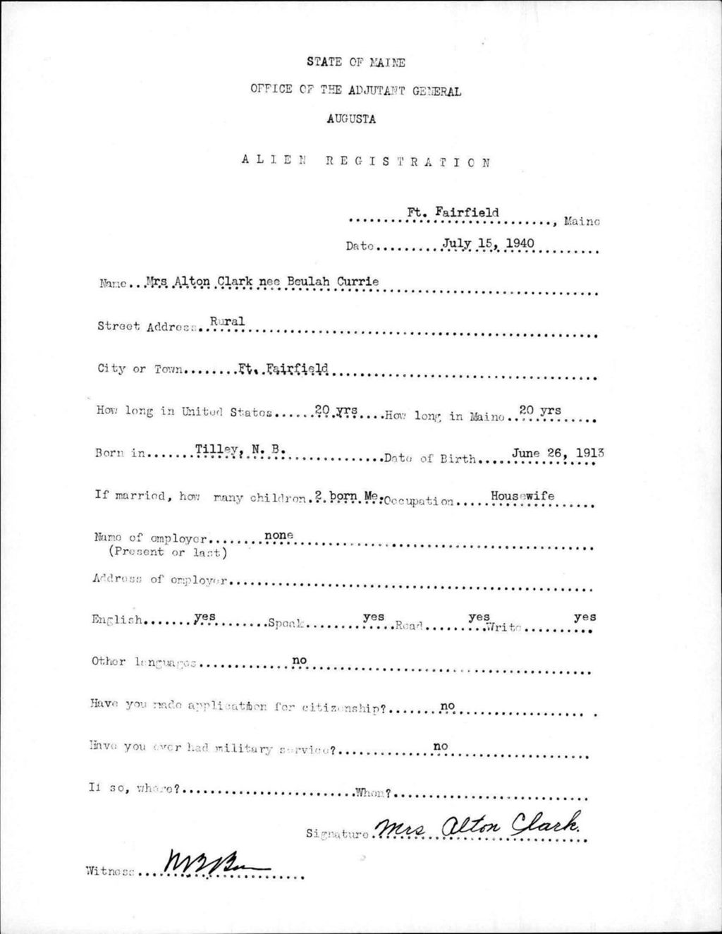 Miniature of Alien Registration- Currie, Beulah (Fort Fairfield, Aroostook County)