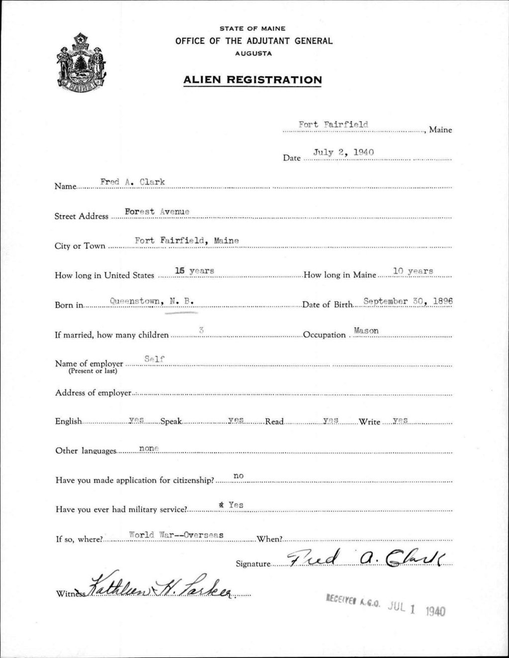 Miniature of Alien Registration- Clark, Fred A. (Fort Fairfield, Aroostook County)