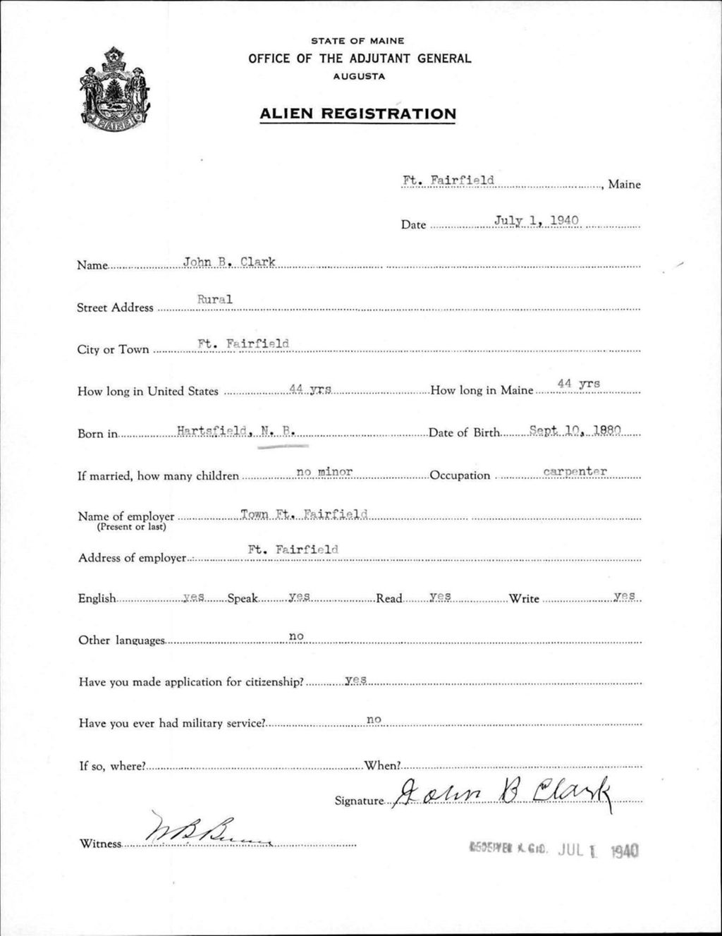 Miniature of Alien Registration- Clark, John B. (Fort Fairfield, Aroostook County)