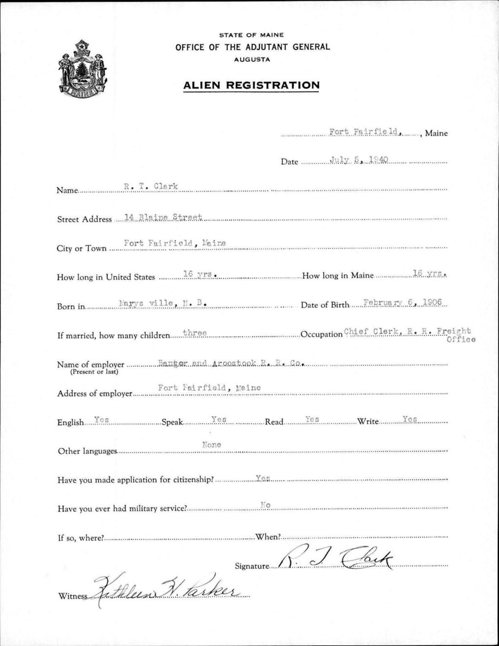 Miniature of Alien Registration- Clark, R T. (Fort Fairfield, Aroostook County)
