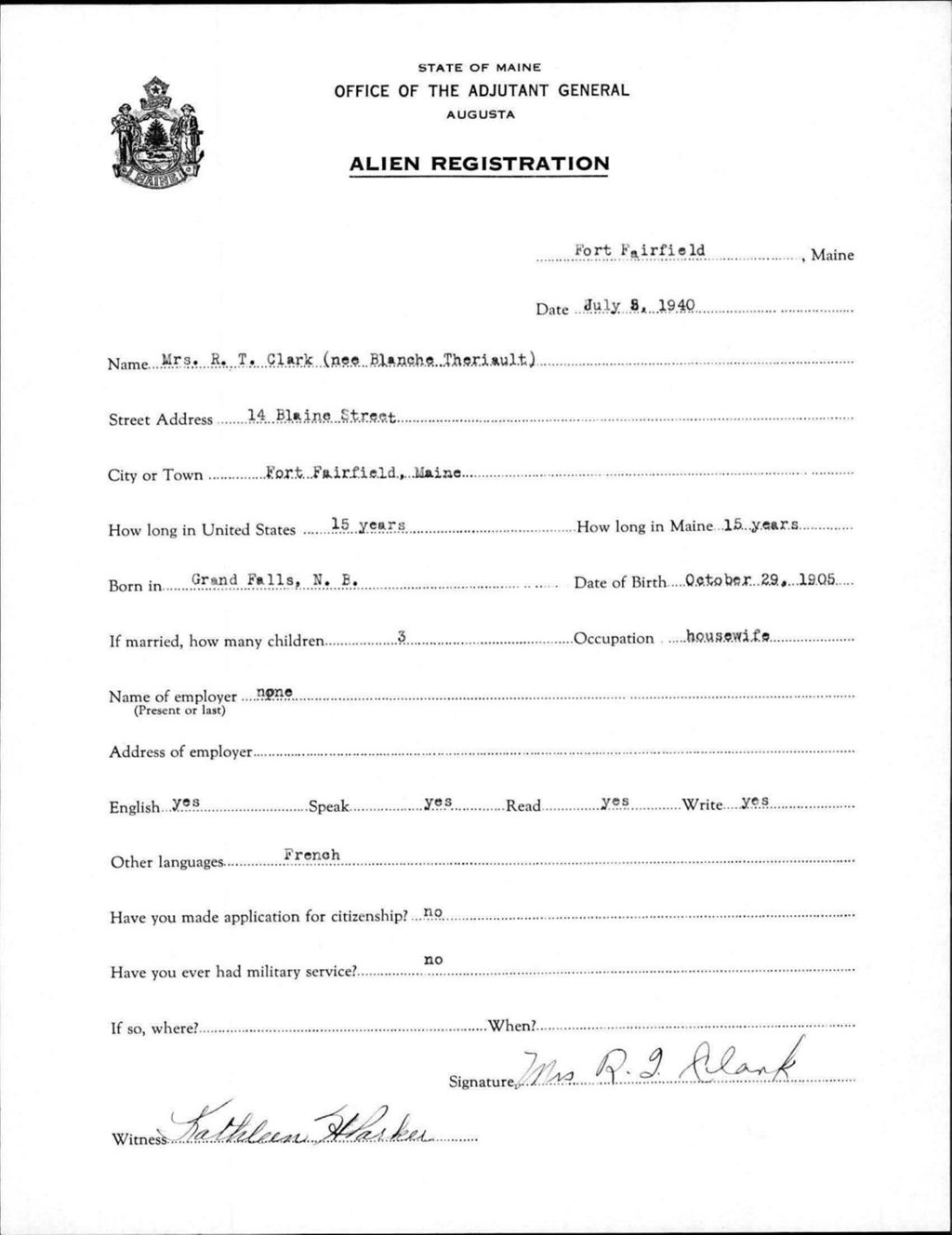 Miniature of Alien Registration- Theriault, Blanche (Fort Fairfield, Aroostook County)