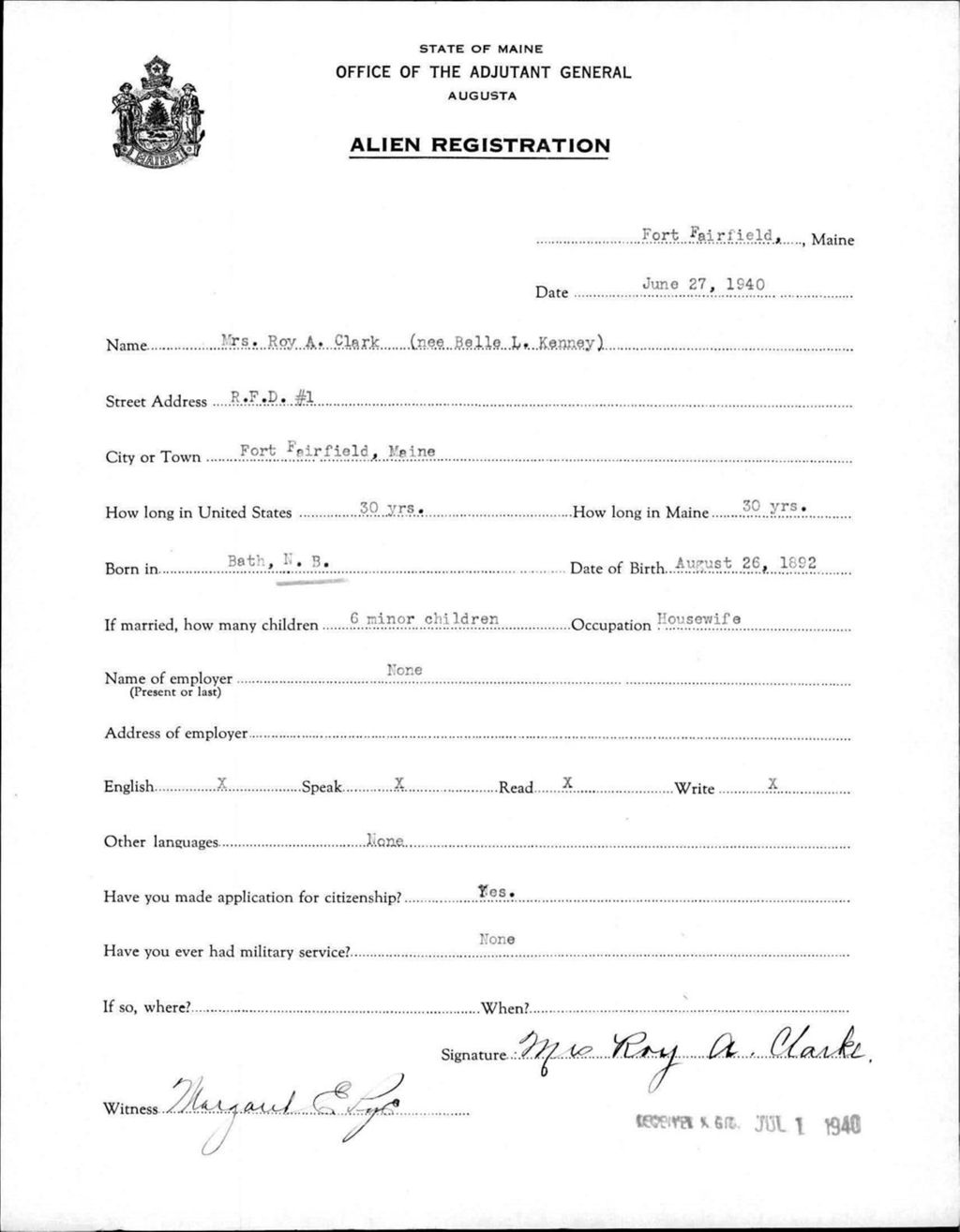 Miniature of Alien Registration- Kenney, Belle L. (Fort Fairfield, Aroostook County)