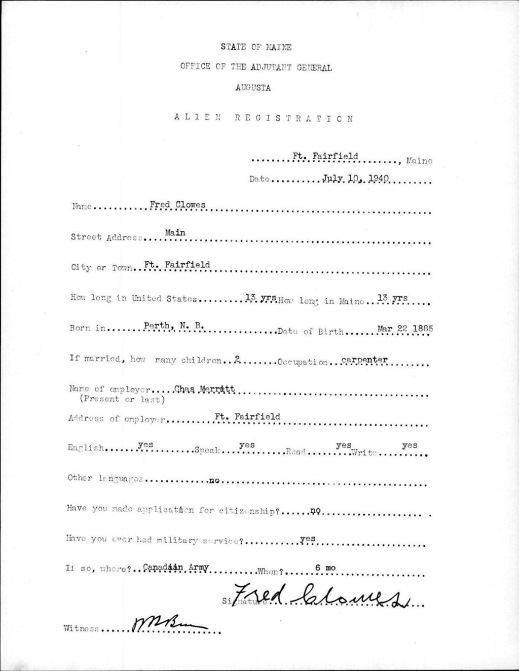 Miniature of Alien Registration- Clowes, Fred (Fort Fairfield, Aroostook County)