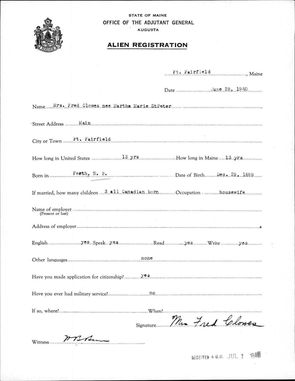 Miniature of Alien Registration- St Peter, Martha M. (Fort Fairfield, Aroostook County)
