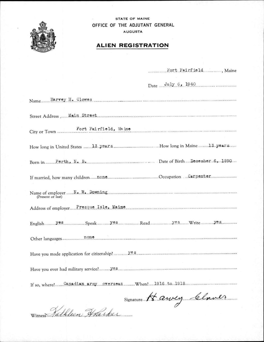 Miniature of Alien Registration- Clowes, Harvey H. (Fort Fairfield, Aroostook County)