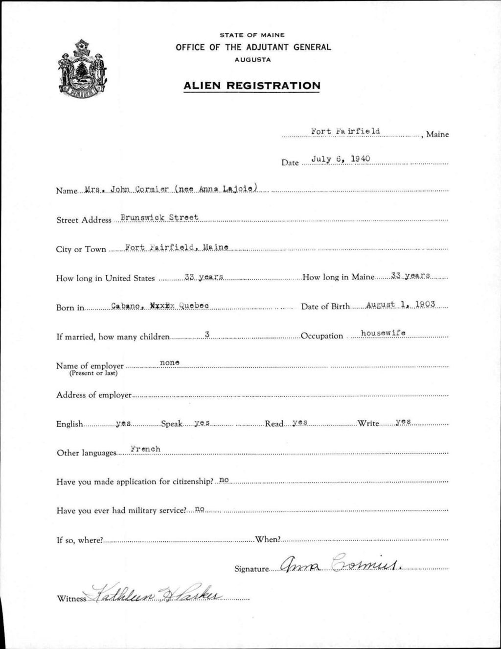Miniature of Alien Registration- Lajoie, Anna (Fort Fairfield, Aroostook County)