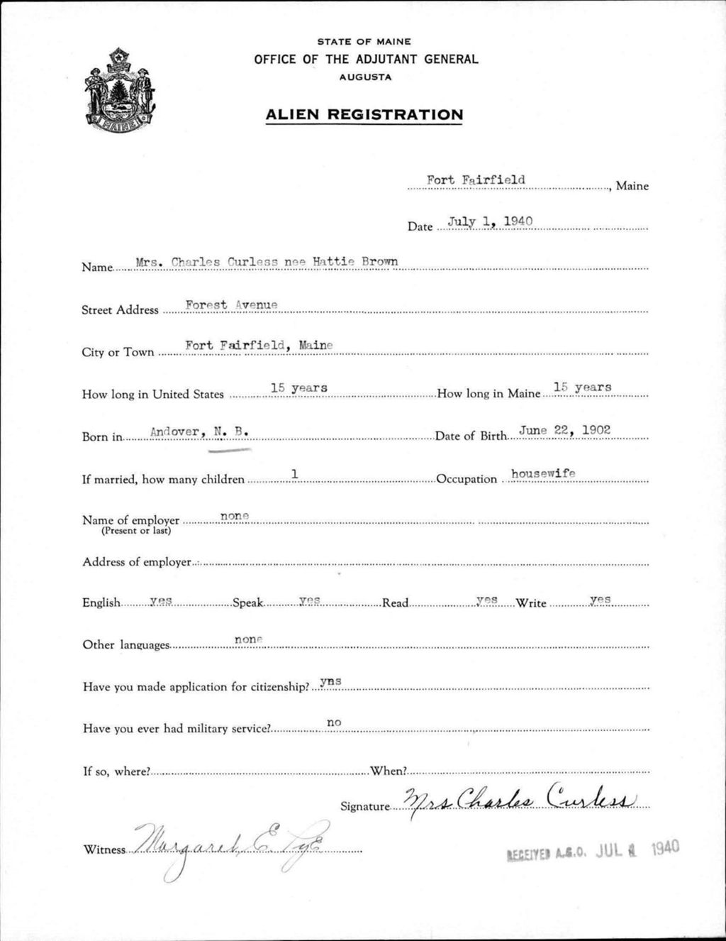 Miniature of Alien Registration- Brown, Hattie (Fort Fairfield, Aroostook County)