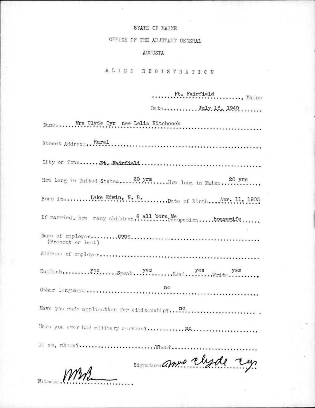 Miniature of Alien Registration- Hitchcock, Lelia (Fort Fairfield, Aroostook County)