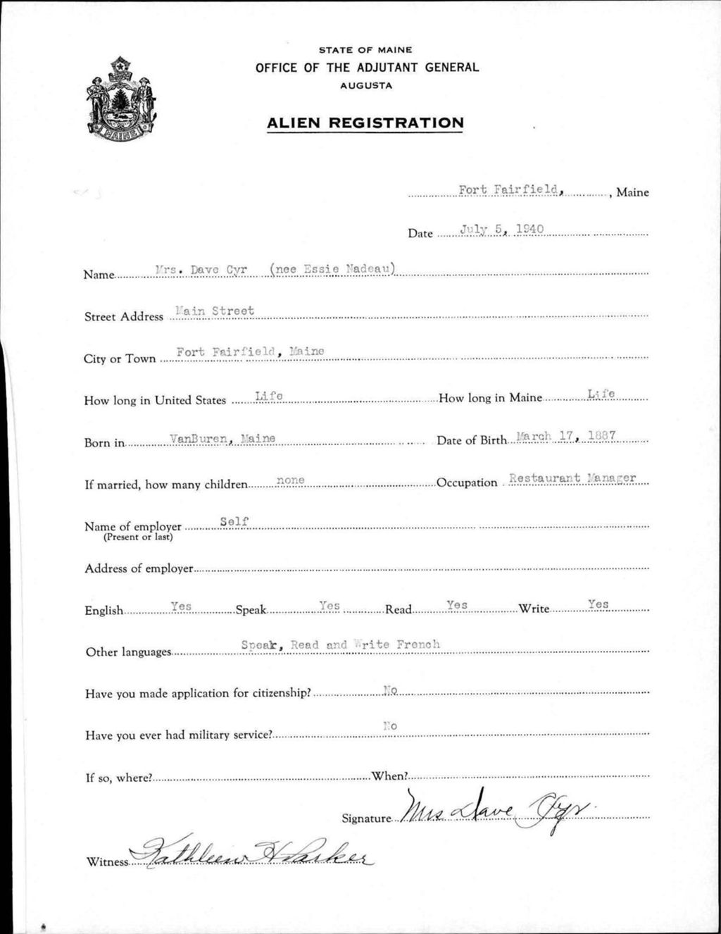 Miniature of Alien Registration- Nadeau, Essie (Fort Fairfield, Aroostook County)