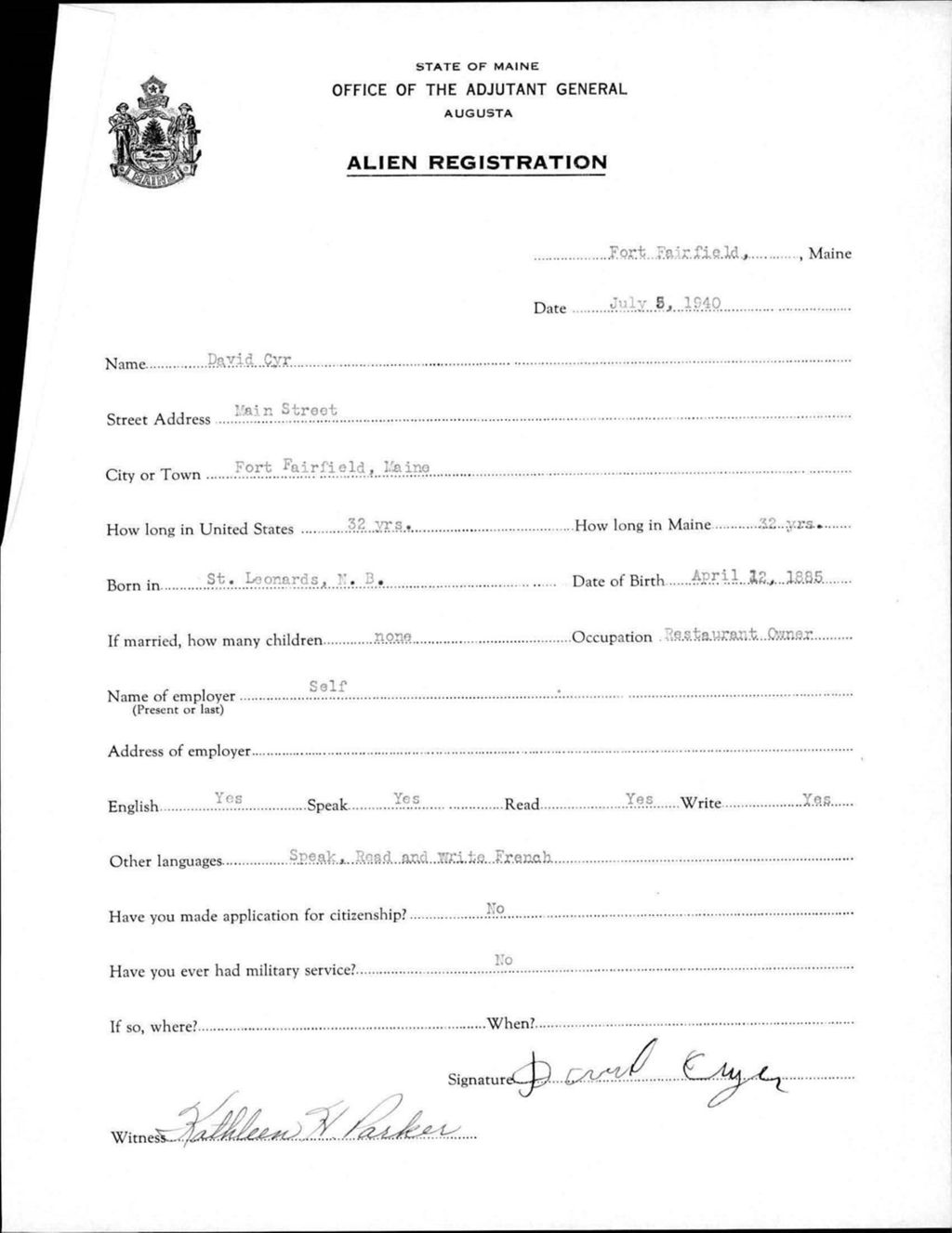 Miniature of Alien Registration- Cyr, David (Fort Fairfield, Aroostook County)