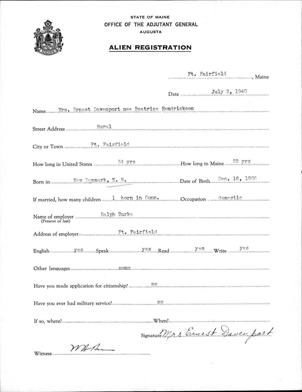 Miniature of Alien Registration- Hendrickson, Beatrice (Fort Fairfield, Aroostook County)