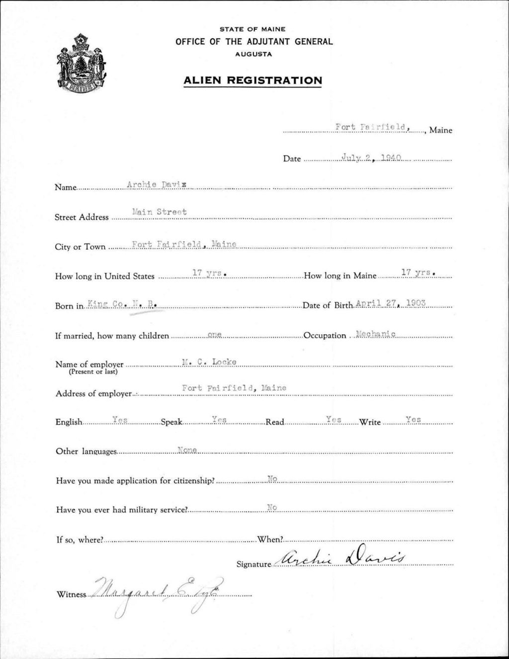 Miniature of Alien Registration- Davis, Archie (Fort Fairfield, Aroostook County)