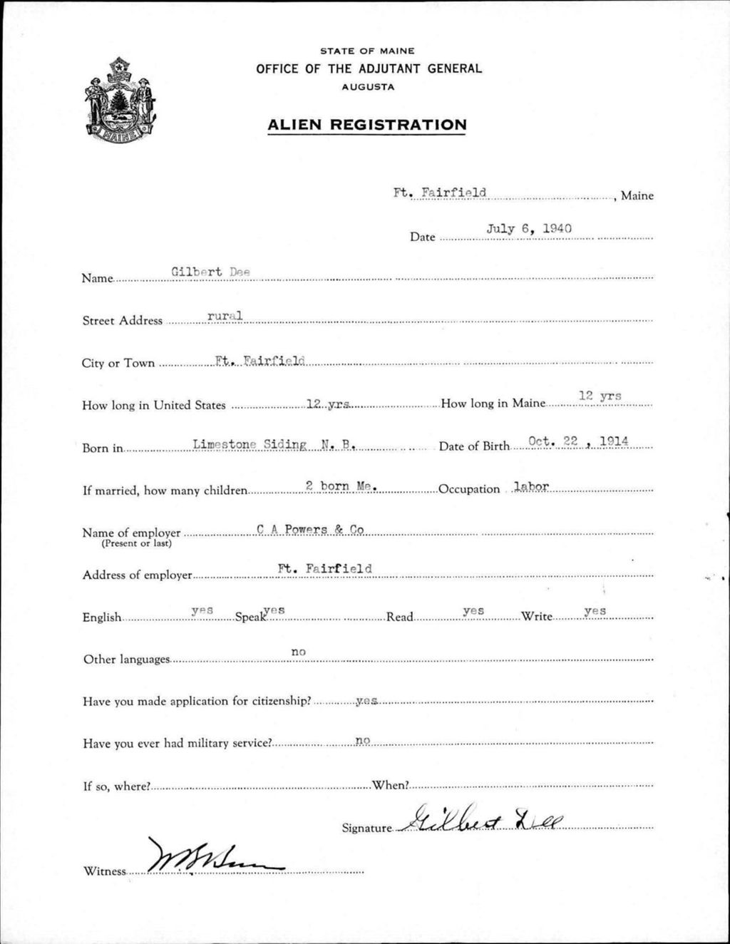 Miniature of Alien Registration- Dee, Gilbert (Fort Fairfield, Aroostook County)