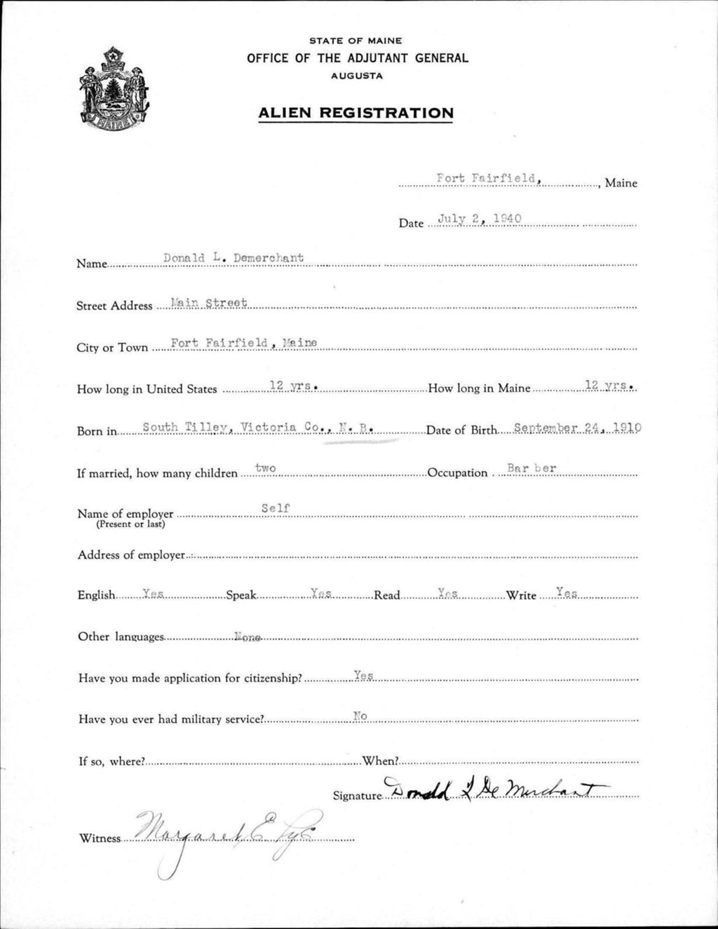 Miniature of Alien Registration- Demerchant, Donald L. (Fort Fairfield, Aroostook County)