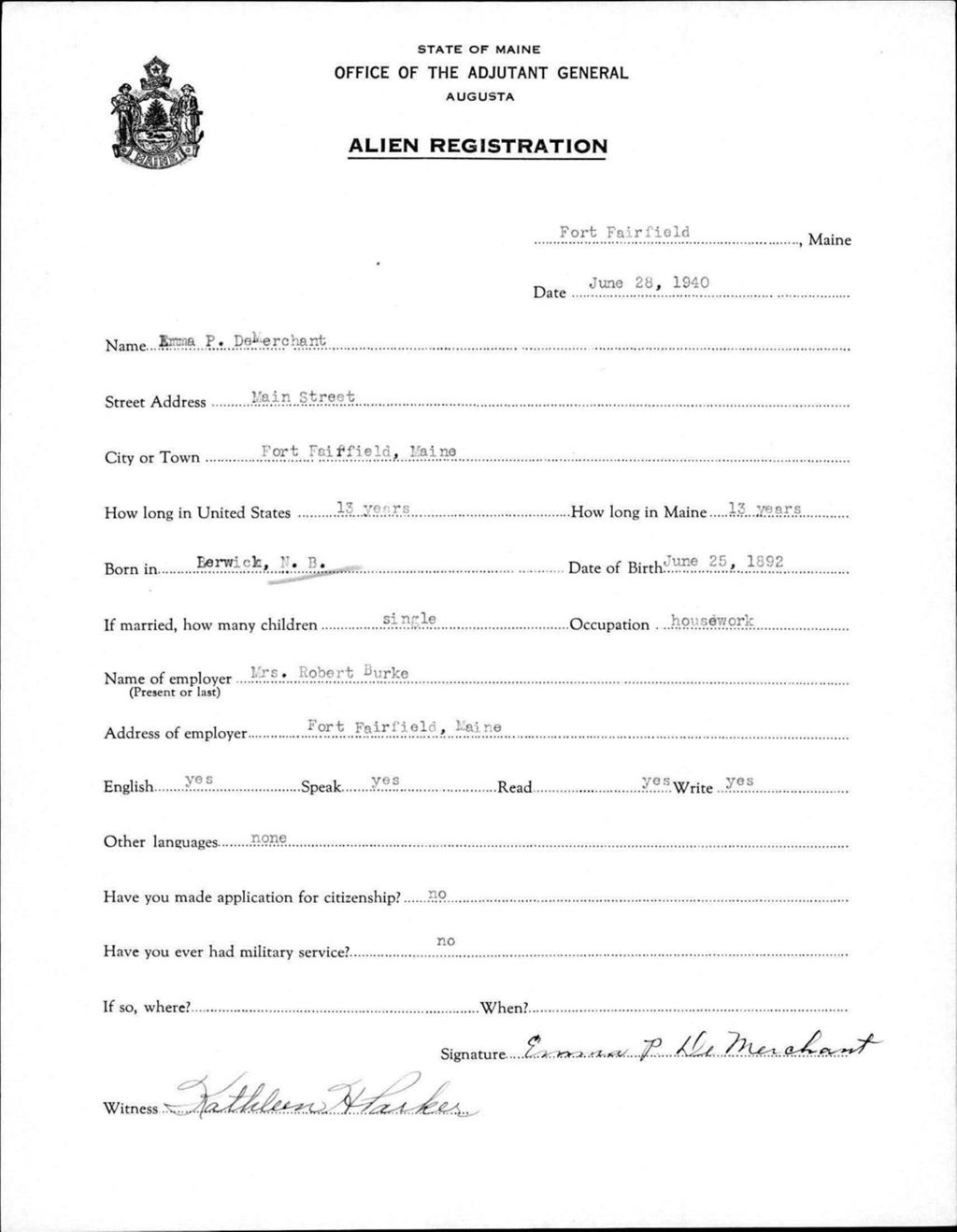 Miniature of Alien Registration- Demerchant, Emma P. (Fort Fairfield, Aroostook County)