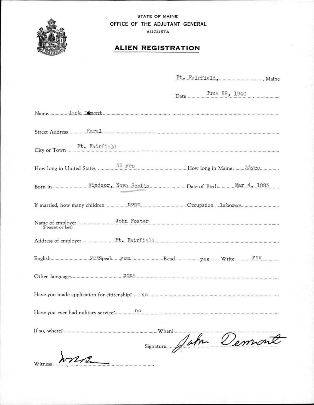Miniature of Alien Registration- Demont, Jack (Fort Fairfield, Aroostook County)