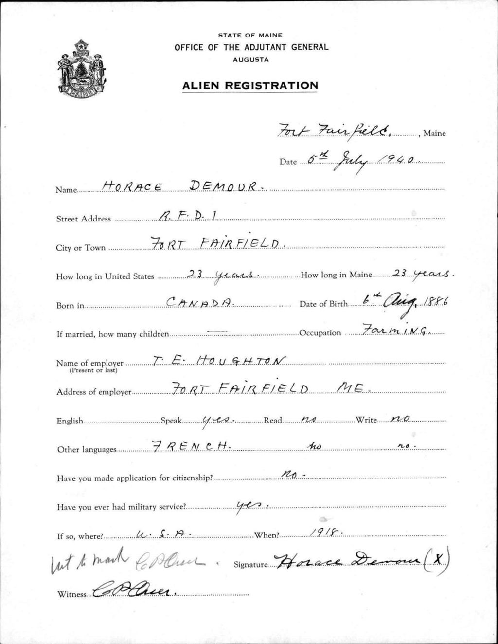 Miniature of Alien Registration- Demour, Horace (Fort Fairfield, Aroostook County)