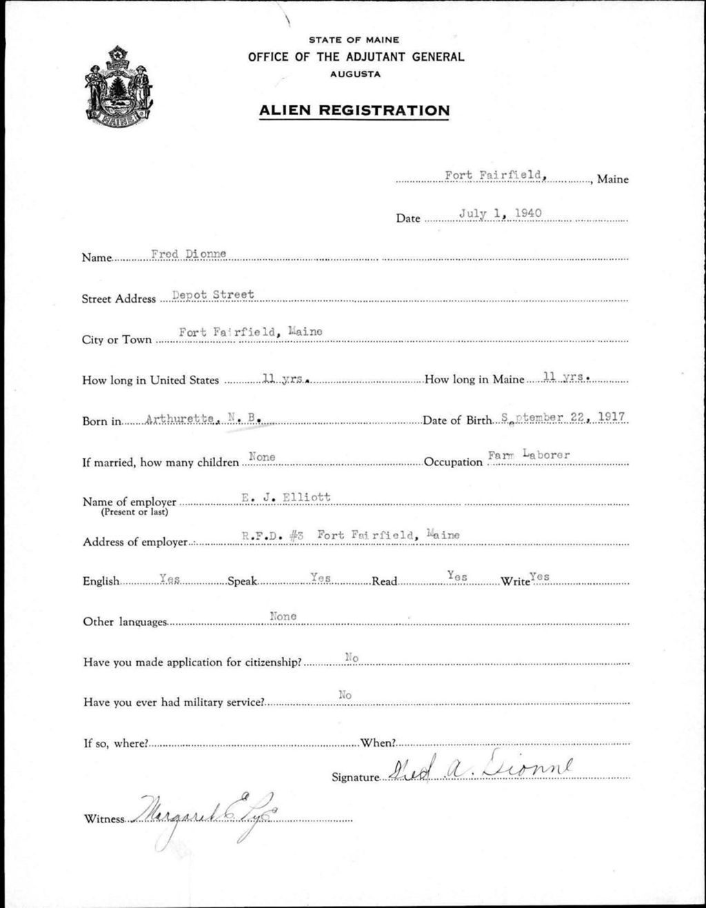 Miniature of Alien Registration- Dionne, Fred (Fort Fairfield, Aroostook County)