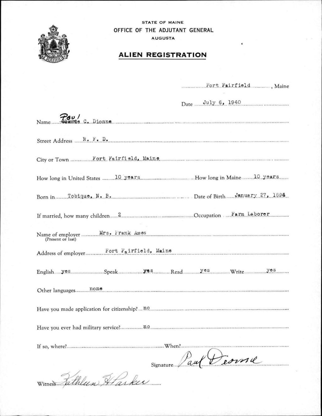 Miniature of Alien Registration- Dionne, Paul C. (Fort Fairfield, Aroostook County)