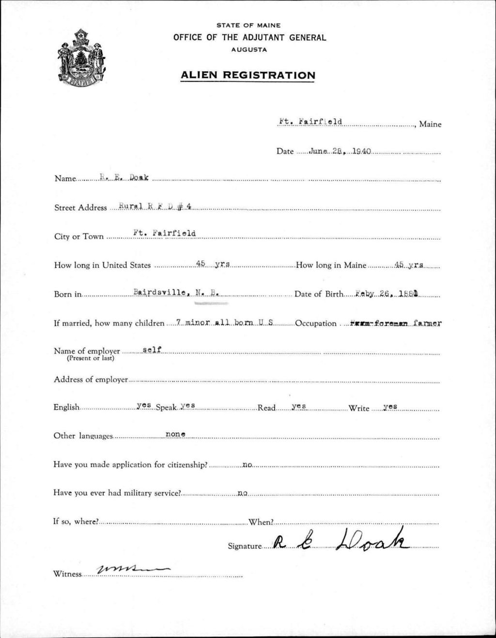 Miniature of Alien Registration- Doak, R E. (Fort Fairfield, Aroostook County)
