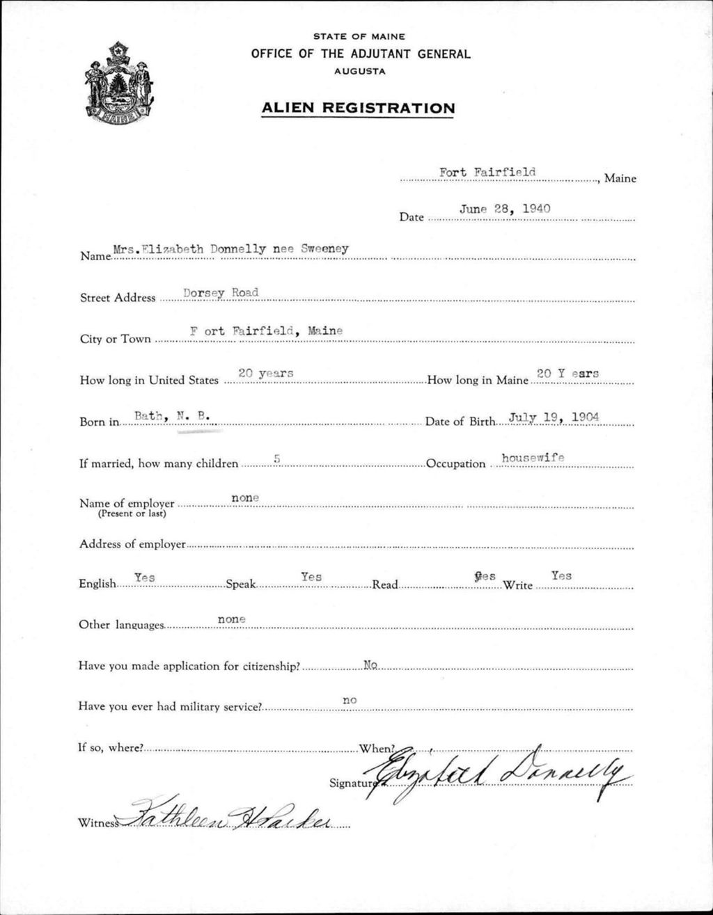 Miniature of Alien Registration- Sweeney, Elizabeth (Fort Fairfield, Aroostook County)