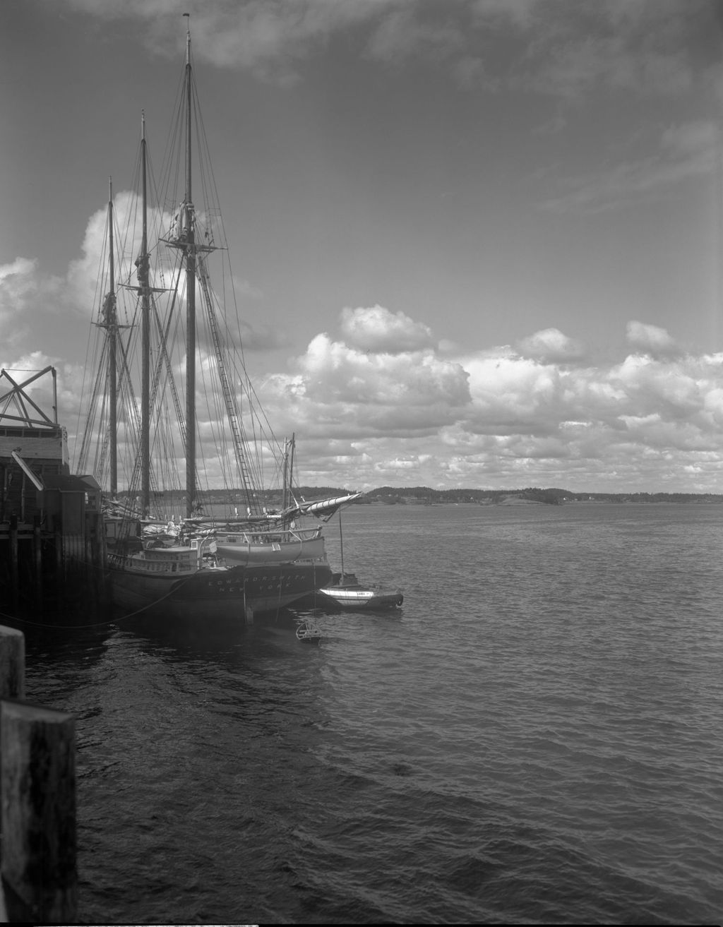 Miniature of Three Masted Schooner "Edward R. Smith", Of New York, Tied Up At A Dock In Lubec