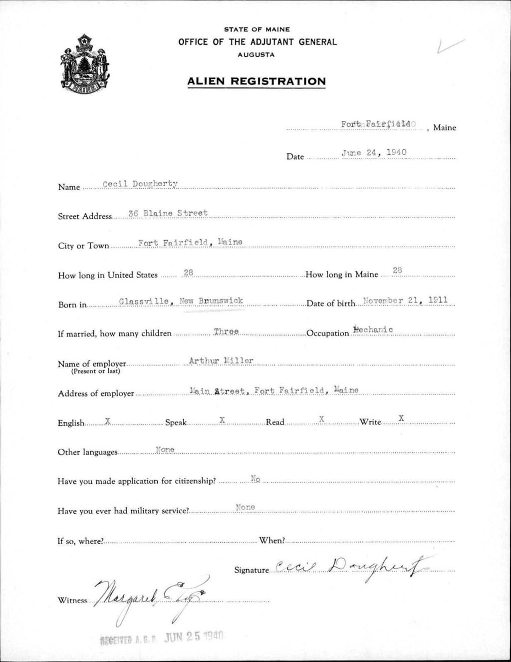 Miniature of Alien Registration- Dougherty, Cecil (Fort Fairfield, Aroostook County)
