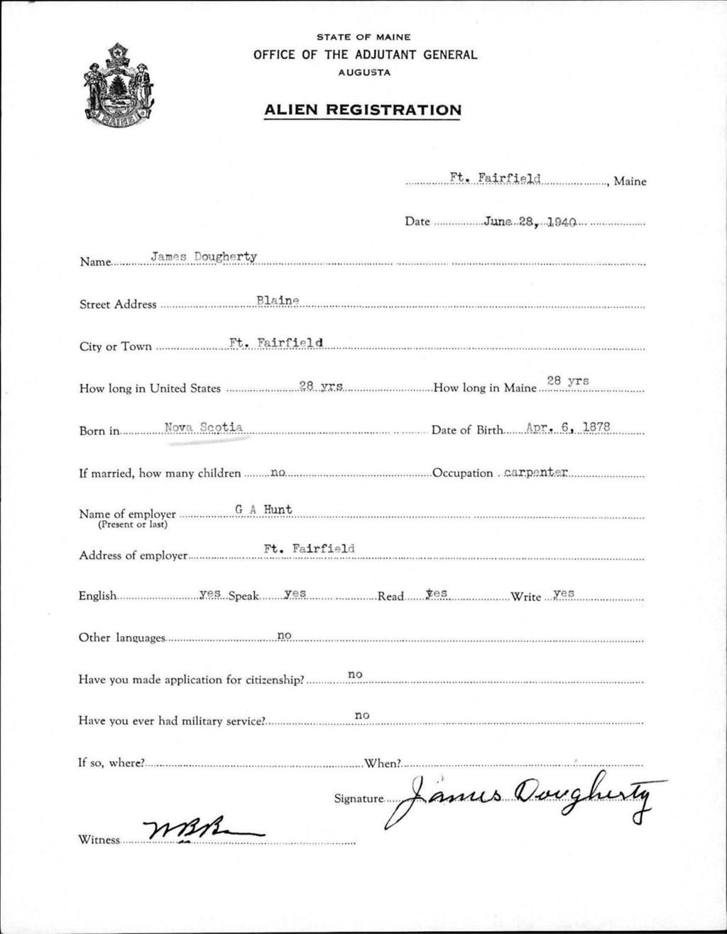 Miniature of Alien Registration- Dougherty, James (Fort Fairfield, Aroostook County)