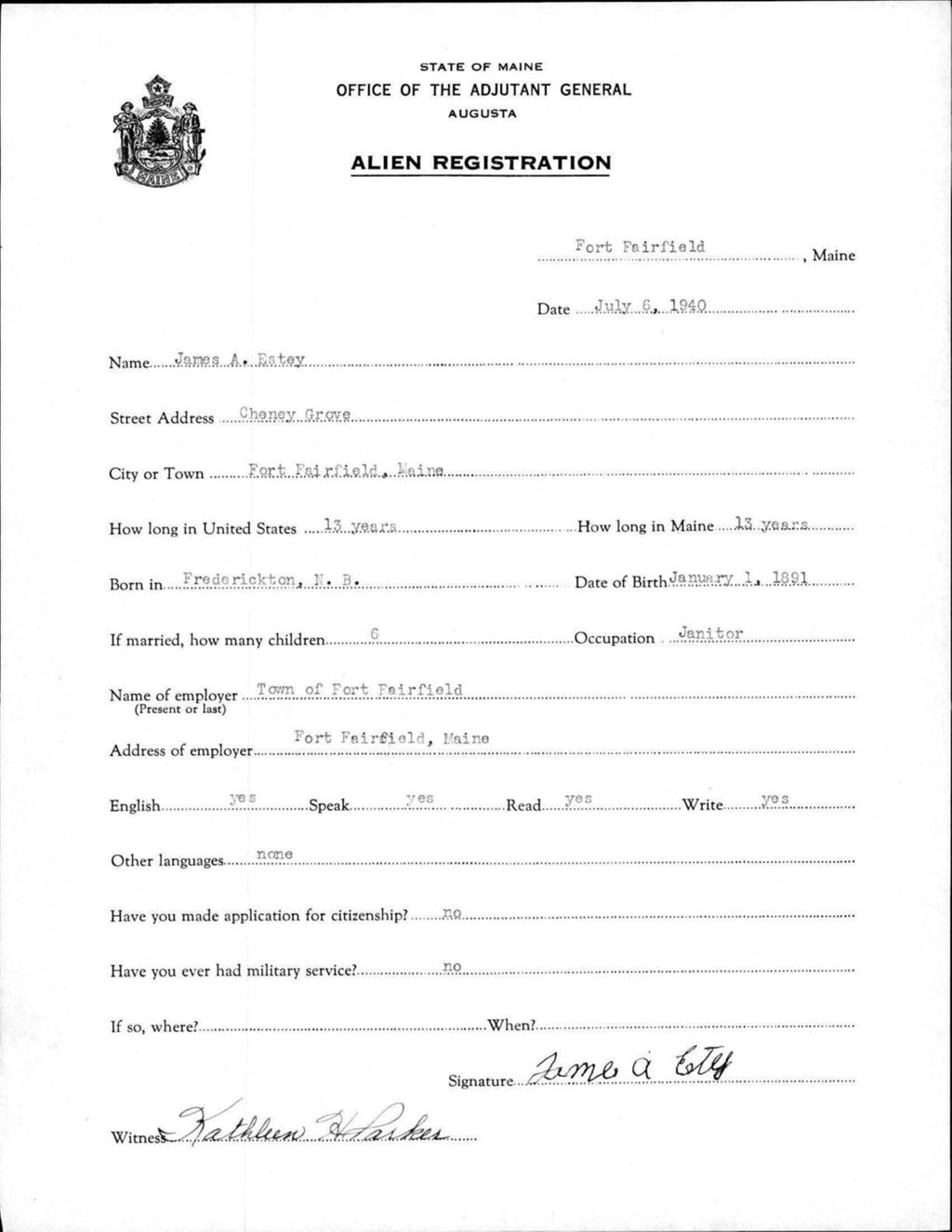 Miniature of Alien Registration- Estey, James A. (Fort Fairfield, Aroostook County)