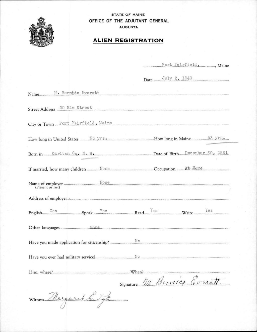 Miniature of Alien Registration- Everett, M Bernice (Fort Fairfield, Aroostook County)