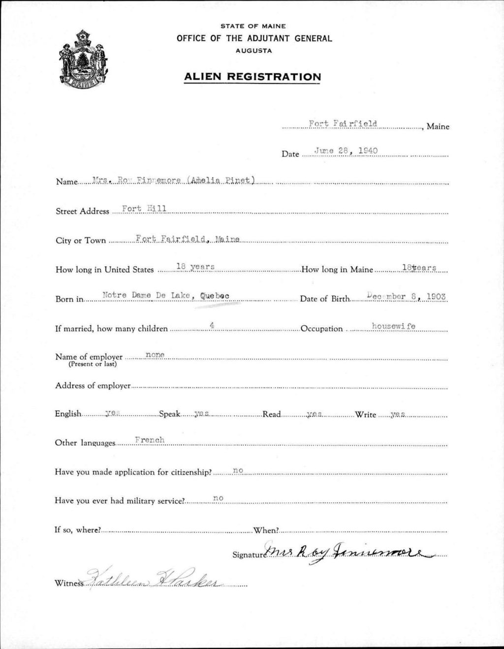 Miniature of Alien Registration- Pinet, Amelia (Fort Fairfield, Aroostook County)